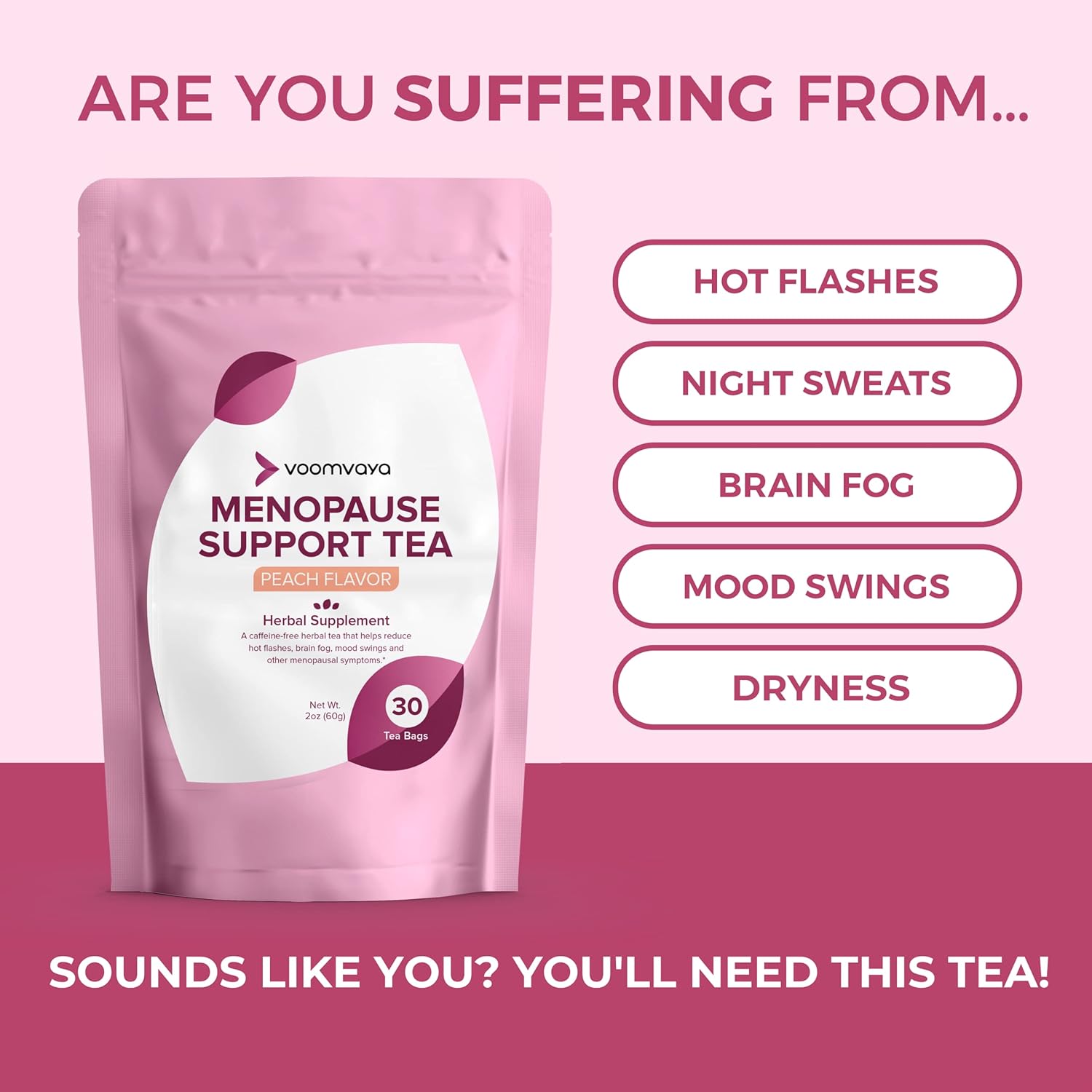 VoomVaya Menopause Support Tea - Natural Menopause Relief For Women with Red Clover & Black Cohosh - Alleviates Hot Flashes, Night Sweats, Mood Swings - Peach Flavor - 30 Teabags : Health & Household