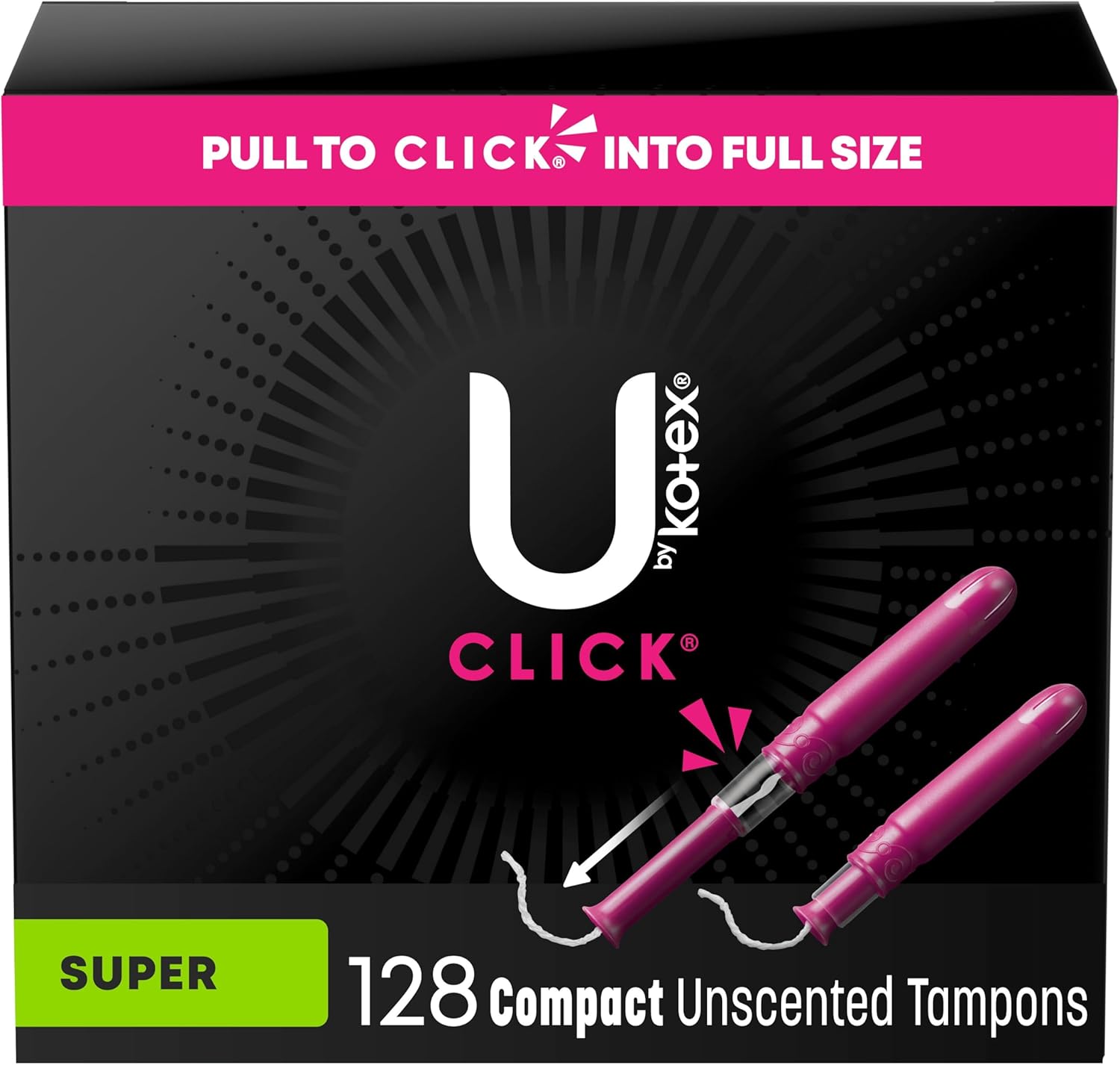 U By Kotex Click Compact Tampons, Super Absorbency, Unscented, 128 Count (8 Packs Of 16) (Packaging May Vary)