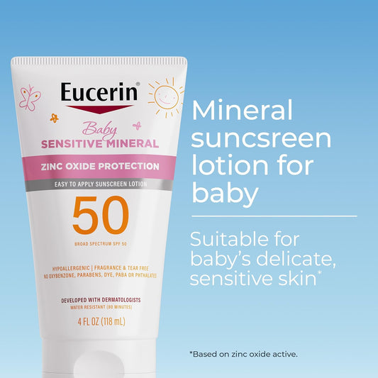 Eucerin Sun Sensitive Mineral Baby Sunscreen Lotion Spf 50 With Zinc Oxide Protection, Hypoallergenic Mineral Sunscreen For Babies, Tear Free And Fragrance Free, 4 Fl Oz Tube