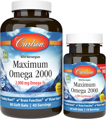 Carlson - Maximum Omega 2000, 2000 mg Omega-3 Fatty Acids Including EPA and DHA, Wild-Caught, Norwegian Fish Oil Supplement, Sustainably Sourced Fish Oil Capsules, Lemon, 90+30 Softgels