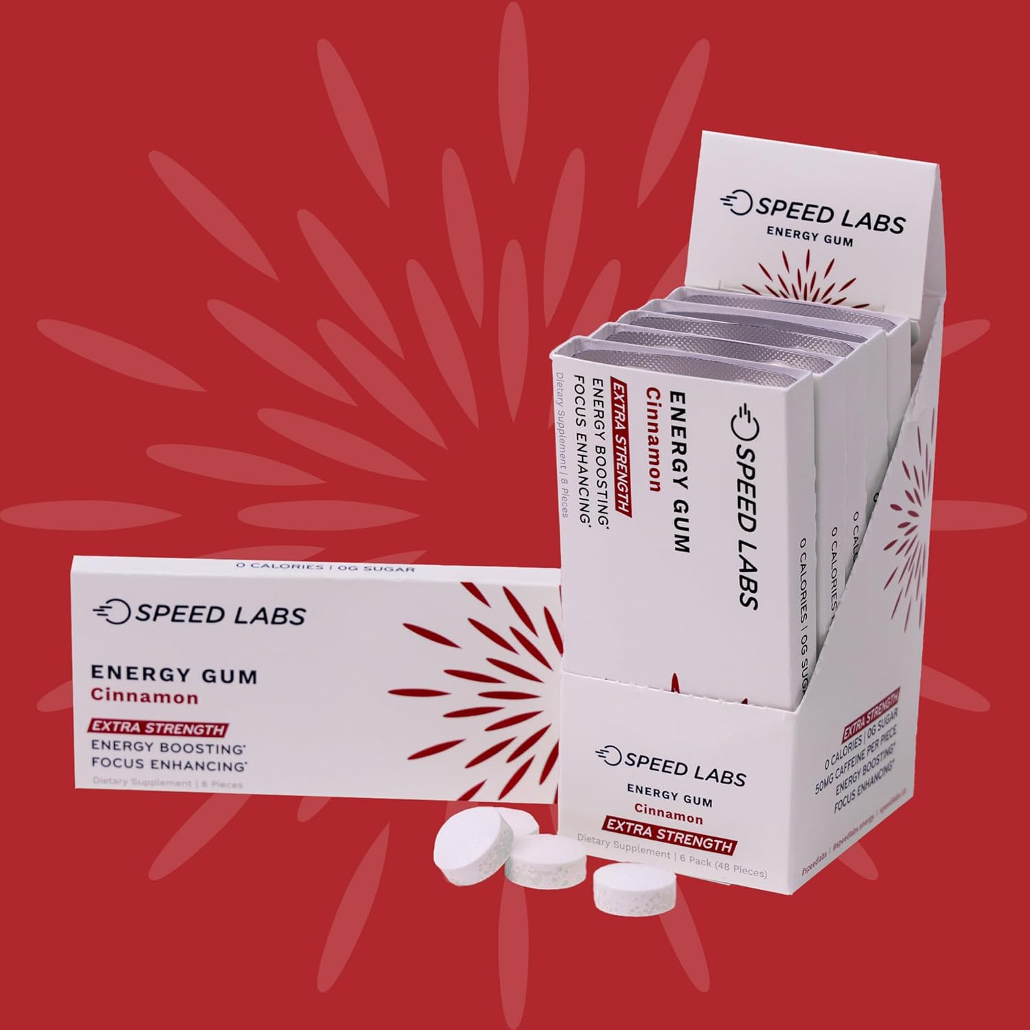Speed Labs Cinnamon Extra Strength Caffeine Chewing Gum 50Mg Caffeine, Taurine, & B Vitamins Per Piece, 48 Pieces (6 Packs Of 8 Pieces) Sugar Free, Zero Calorie, No Aspartame, Gluten Free