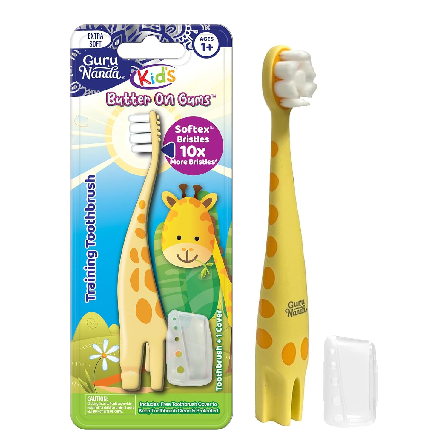 Gurunanda Kids Butter On Gums Cute Giraffe Toothbrush With Tongue Scraper & Cover - Super Soft Bristles For Gentle Cleaning -Ergonomic Handle (Age 1+)