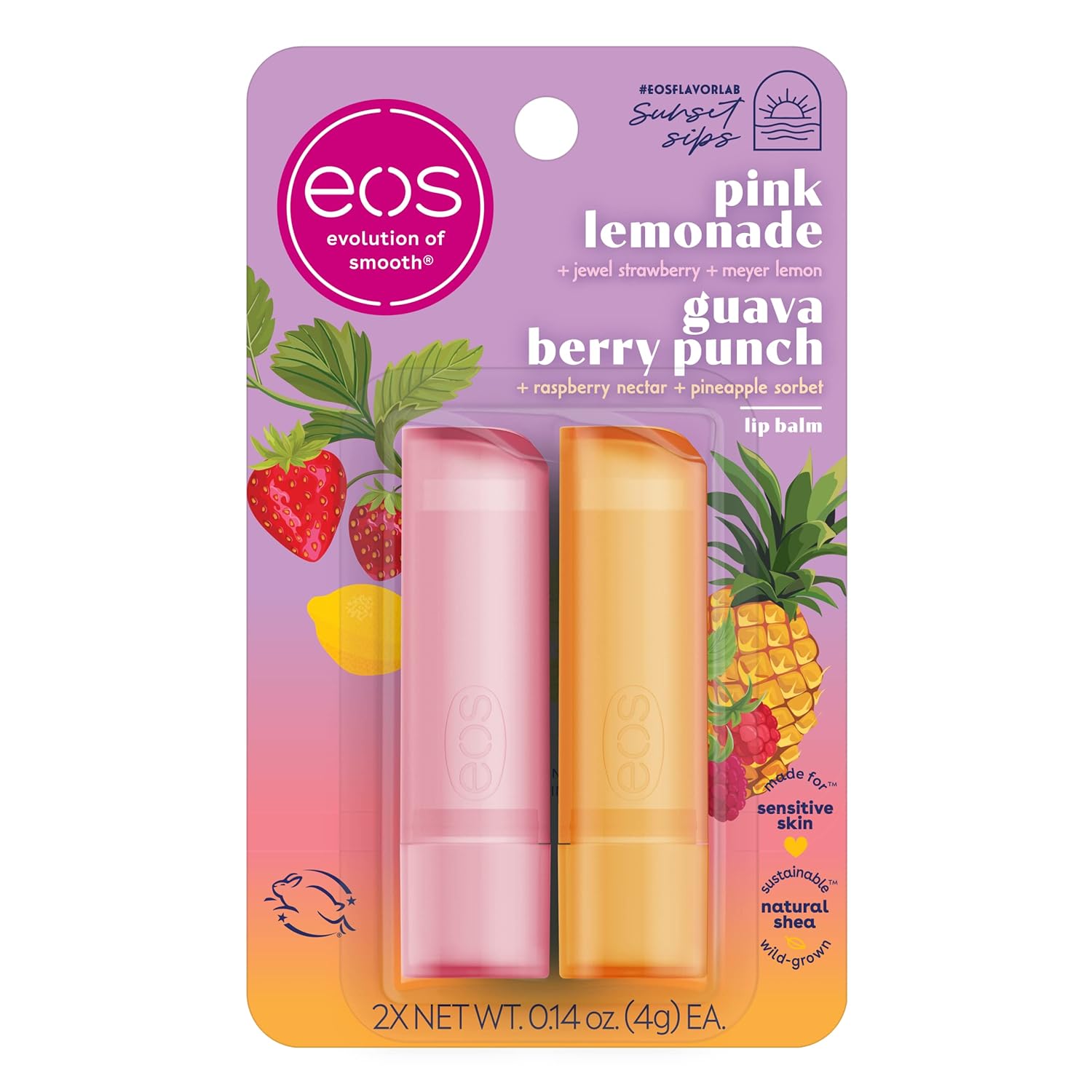 Eos Sunset Sips Lip Balms- Pink Lemonade & Guava Berry Punch, All-Day Moisture, Lip Care, 0.14 Oz, 2-Pack