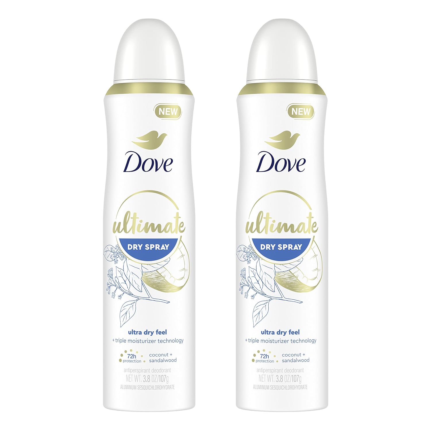 Dove Ultimate Dry Spray Antiperspirant Coconut And Sandalwood 2 Count For 72-Hour Sweat And Odor Protection With Triple Moisturizer Technology 3.8Oz