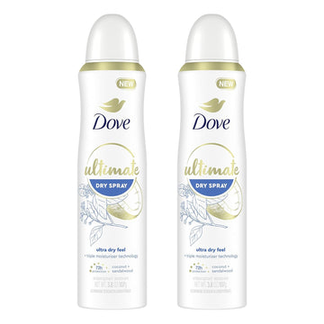 Dove Ultimate Dry Spray Antiperspirant Coconut And Sandalwood 2 Count For 72-Hour Sweat And Odor Protection With Triple Moisturizer Technology 3.8Oz