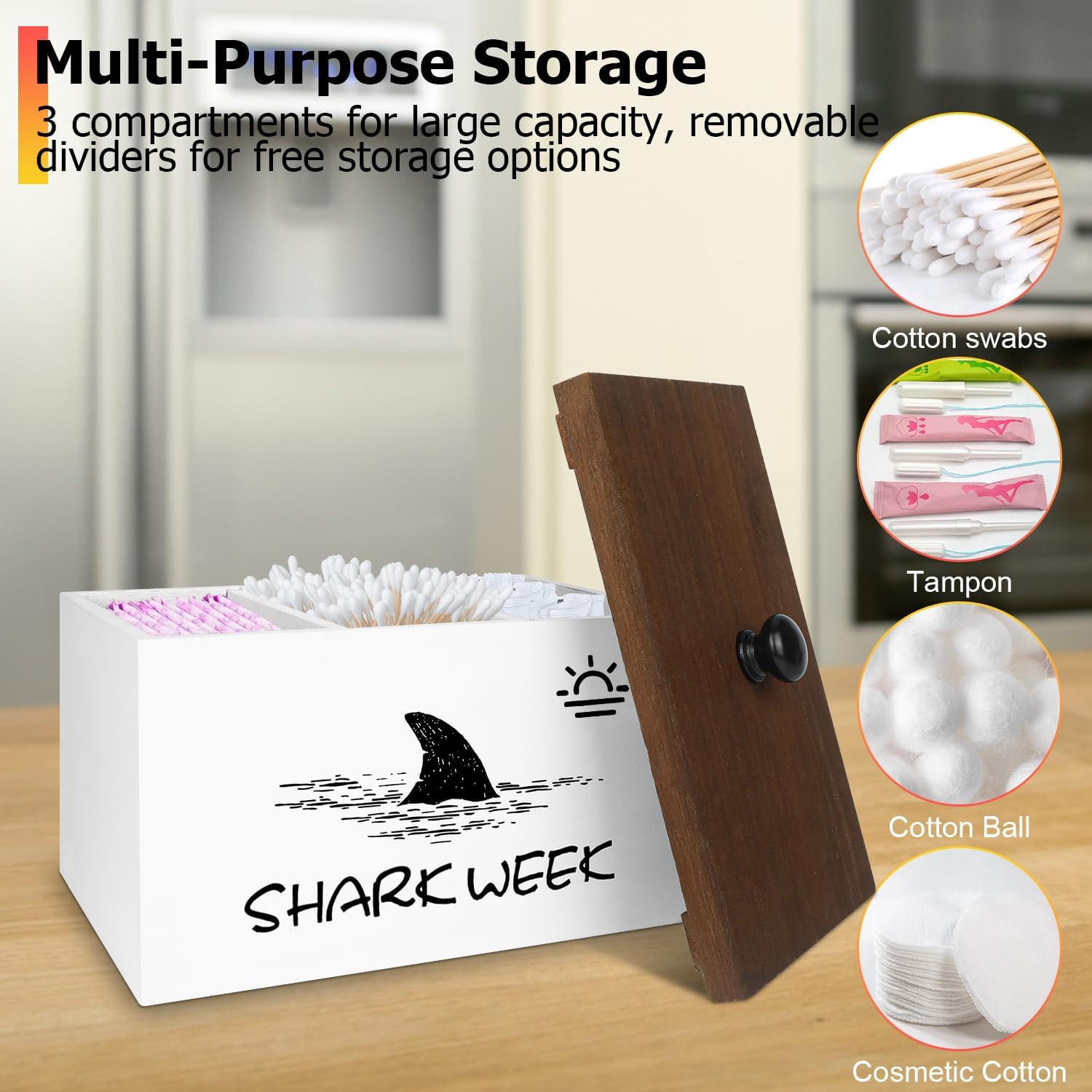 Tampon Holder Shark Week Tampon Storage with Wooden Lid Tampon Holder for Bathroom Storage Women Pad and Tampon Organizer for Bathroom Tampon Case and Pad Organizer for Bathroom Accessories(White) : Home & Kitchen