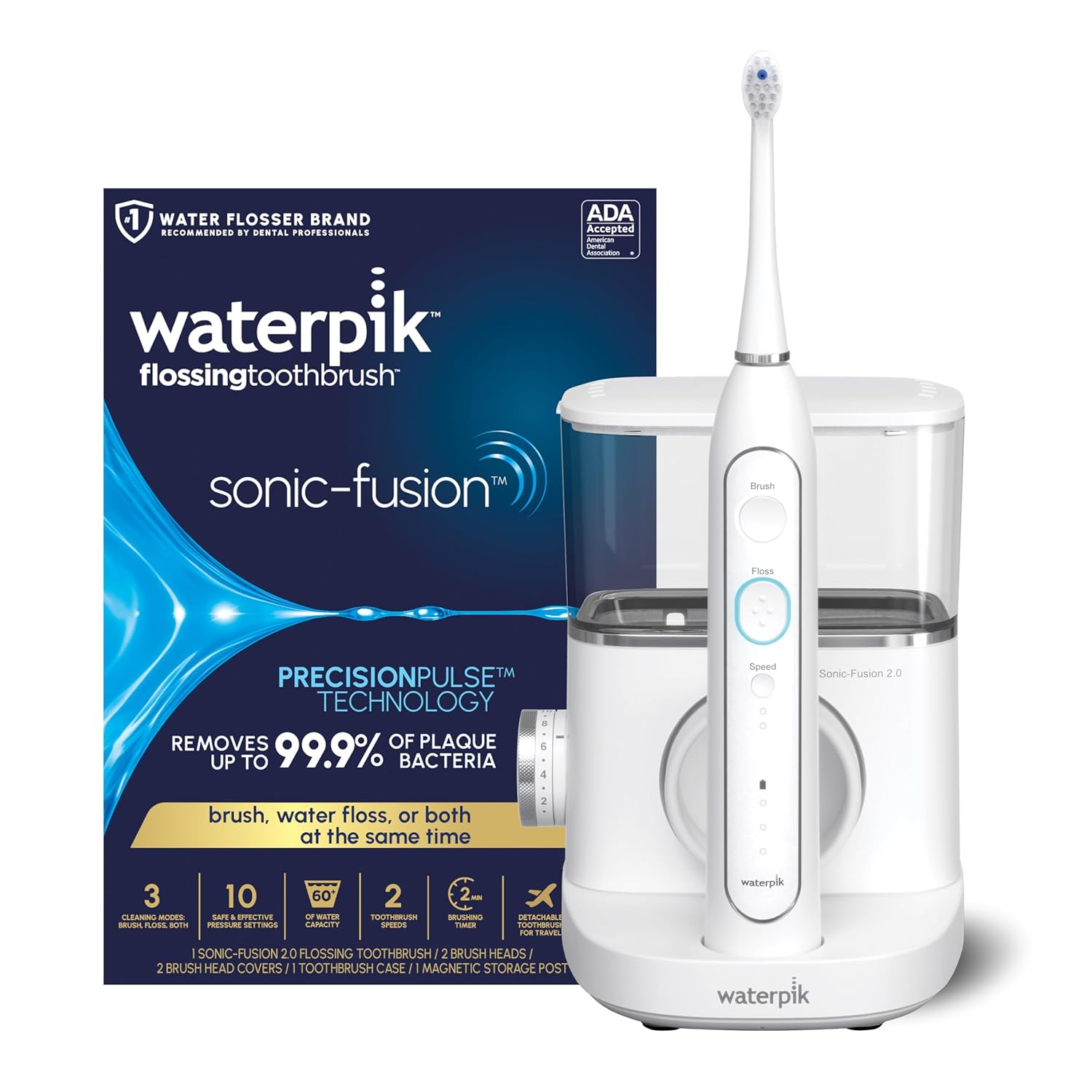 Waterpik Sonic-Fusion 2.0 Professional Flossing Toothbrush, Electric Toothbrush And Water Flosser Combo In One, White Sf-04, Packaging May Vary