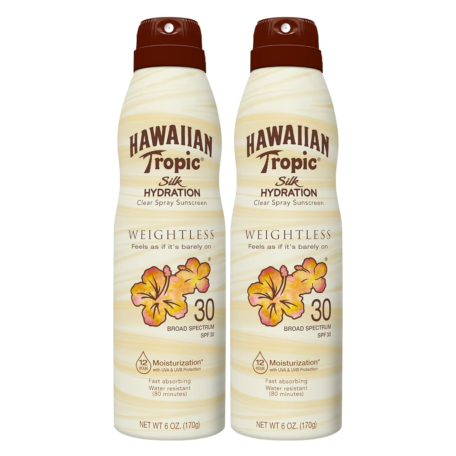 Hawaiian Tropic Weightless Hydration Clear Spray Sunscreen Spf 30, 6Oz Twin Pack | Hawaiian Tropic Sunscreen Spf 30, Sunblock, Oxybenzone Free Sunscreen, Spray On Sunscreen Pack, 6Oz Each