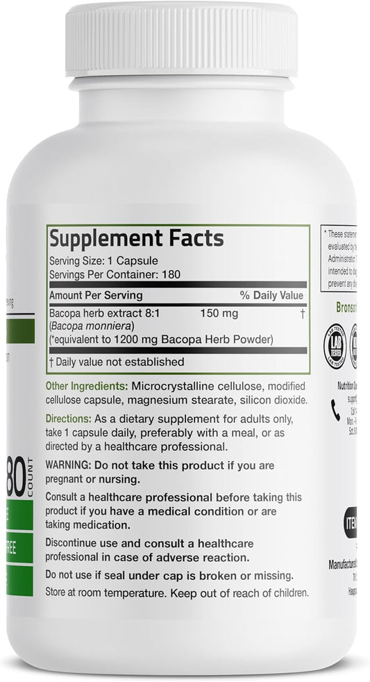 Bronson Bacopa (1200Mg Equivalent From 8:1 Extract) Supports Healthy Brain Function And Mental Performance, Traditional Herb, Non-Gmo, 180 Vegetarian Capsules