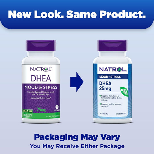 Natrol Mood & Stress Dhea 25Mg With Calcium, Dietary Supplement For Balance Of Certain Hormone Level And Mood Support, 180 Tablets, 180 Day Supply