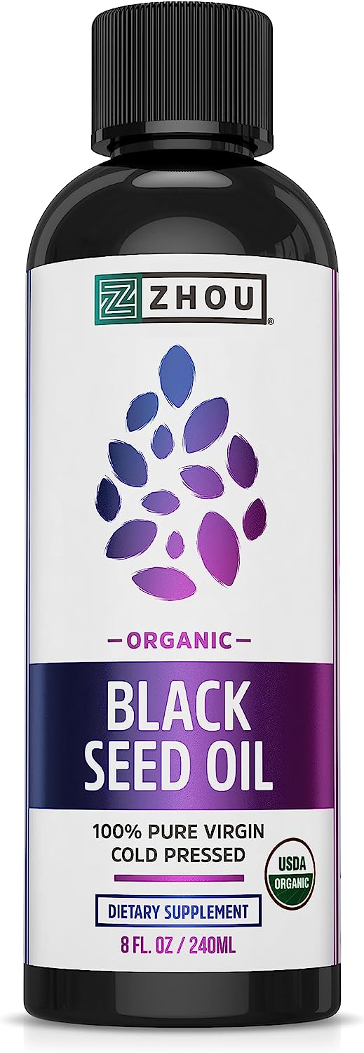 Zhou Organic Black Seed Oil | 100% Virgin Cold Pressed Omega 3 6 9 | Super Antioxidant for Immune Support, Joints, Digestion, Hair & Skin | Vegan, Gluten-Free, Non-GMO | 8oz