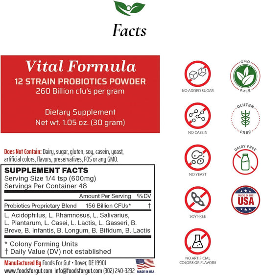 Vital Formula 12 Strain Probiotics Powder 260 Billion Cfu | Made In Usa | Digestive & Immune Support | High Potency (100 Gram)