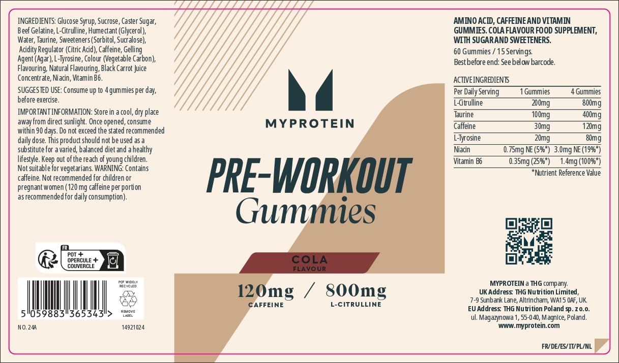 Myprotein Pre-Workout Gummies – Cola Flavour – Energy-Boosting Caffeine Gummies with L-Citrulline, Taurine, and B Vitamins – Fast-Acting & Convenient Pre-Workout Supplement : Amazon.co.uk: Health & Personal Care