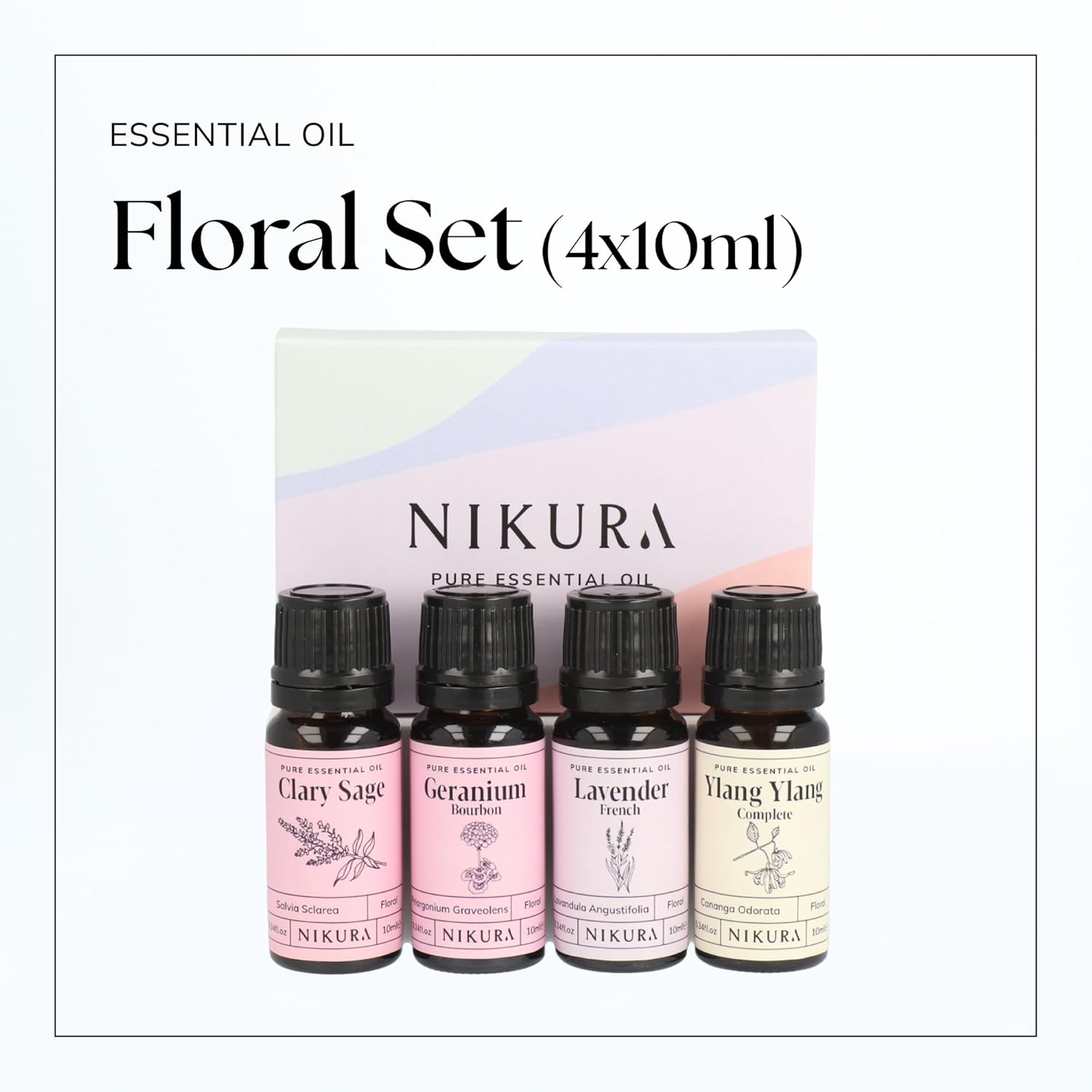 Nikura Floral Essential Oil Gift Set - 4 x 10ml | Perfect for Gifts, Aromatherapy, Diffusers for Home | 100% Pure and Natural Oils | Including Clary Sage, Geranium, Lavender & Ylang Ylang : Amazon.co.uk: Health & Personal Care