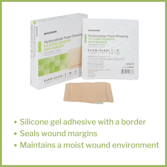 Mckesson Hydrocellular Foam Dressings, Sterile, Silicone Adhesive With Border, Dimension 6 In X 6 In, Pad 4 In X 4 In, 10 Count, 1 Pack
