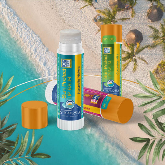 STREAM 2 SEA SPF 30 Organic Lip Balm Set, Reef Safe Cherry Vanilla, Naturally Naked and Cucumber Mint, Moisturizing + Sun Protect Outdoor Lip Balm For Beach and Sports, Paraben Free Lip Moisturizer