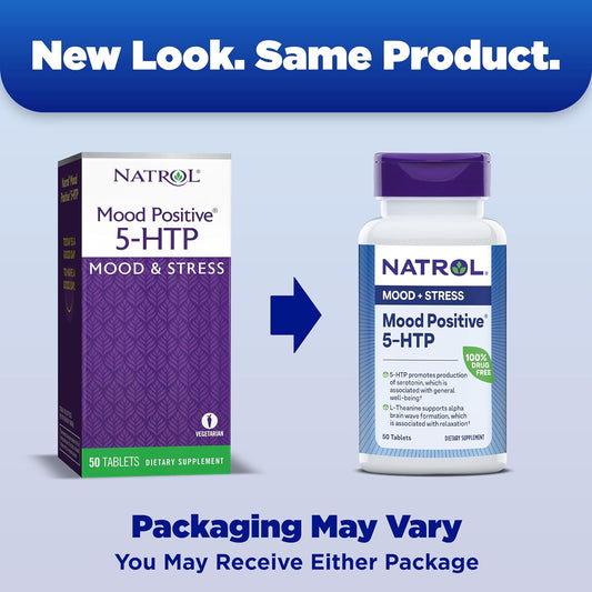 Natrol Mood Positive 5-HTP 50mg With L-Theanine, Vitamin B6, Vitamin B12 and Folate, Dietary Supplement Helps Support a Positive Mood, 50 Tablets, 25-50 Day Supply