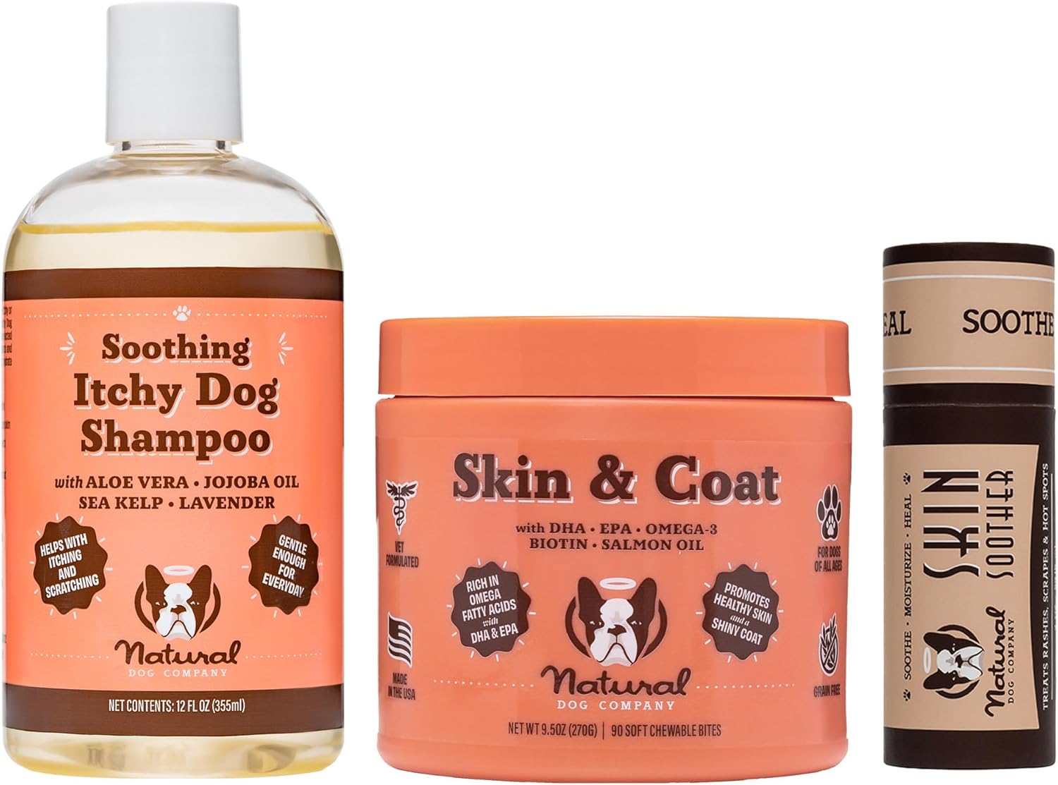 Natural Dog Company Complete Itch Kit For Dogs, Skin & Coat Supplement, Itchy Dog Shampoo, Skin Soother Healing Balm, All Natural Ingredients