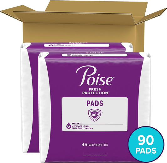 Poise Incontinence Pads & Postpartum Incontinence Pads, 6 Drop Ultimate Absorbency, Long Length, 90 Count (2 Packs of 45), Packaging May Vary