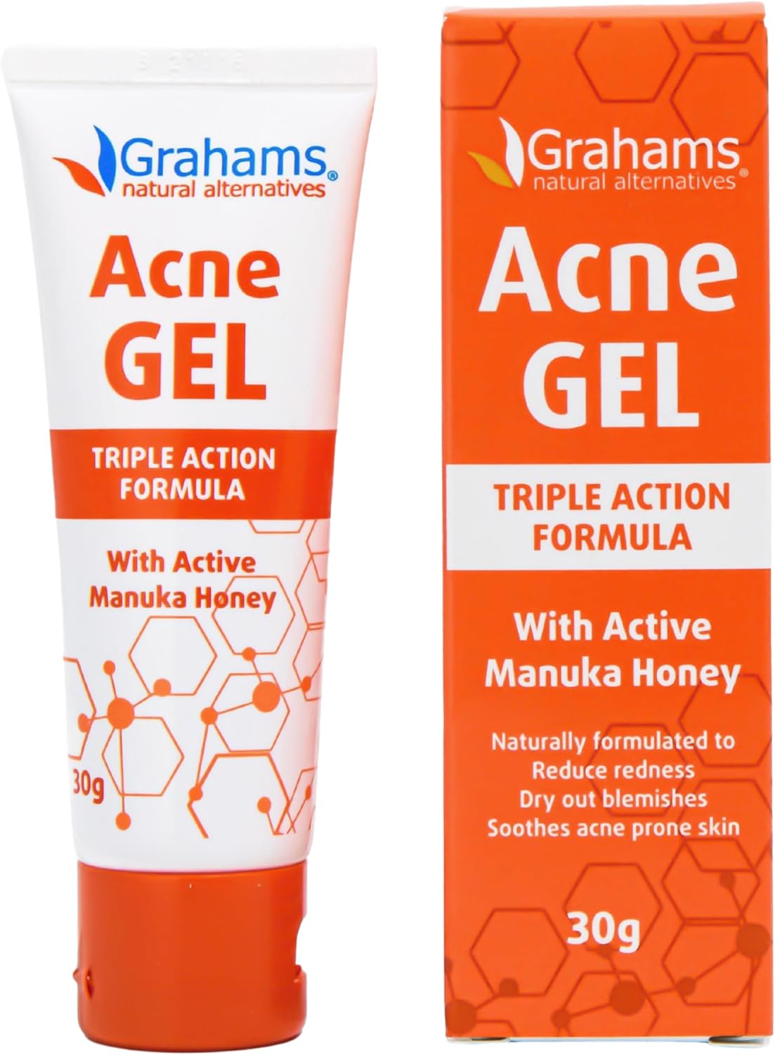 Grahams Natural Anti Acne Gel - Spot Treatment, Pimple Cream & Acne Moisturiser For Face, Back & Body - Soothe, Reduce Redness & Dry Out Blemishes - With Witch Hazel, Manuka Honey, Aloe Vera (30G)