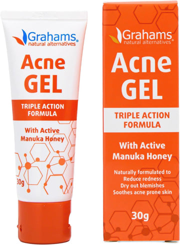 Grahams Natural Anti Acne Gel - Spot Treatment, Pimple Cream & Acne Moisturiser For Face, Back & Body - Soothe, Reduce Redness & Dry Out Blemishes - With Witch Hazel, Manuka Honey, Aloe Vera (30G)