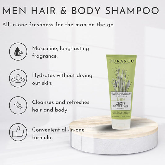 Durance L'Ome Hair & Body Shampoo For Men, 200Ml – Men’S Shampoo With Vetiver Zest Extract – Body Wash For Men - Cleanses Without Damaging The Skin, Leaves Hair Soft & Shiny