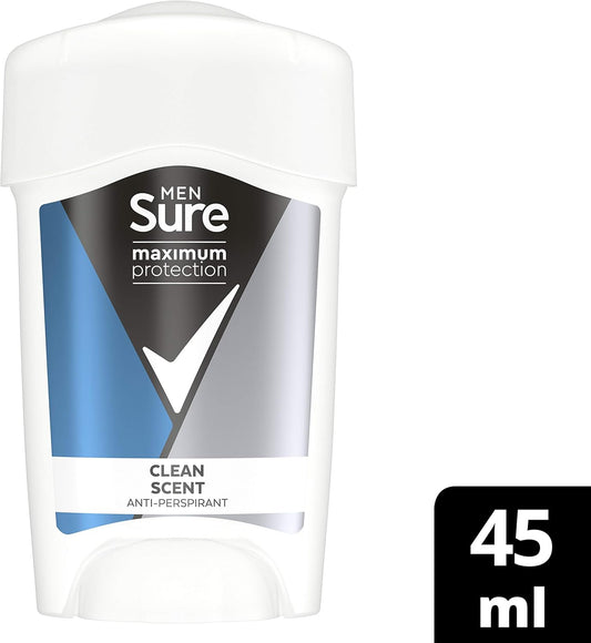 Sure Maximum Protection Clean Scent Anti-Perspirant Cream Stick 6 Pack 96H Protection Deodorant For 3X Stronger* Sweat Protection 45 Ml