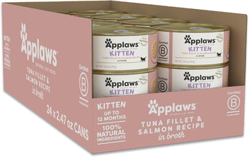 Applaws Natural Wet Kitten Food In Broth, Limited Ingredient Canned Wet Kitten Food, No Additives, Made With Natural Ingredients, Tuna Fillet & Salmon In Broth (24 X 2.47Oz Cans)