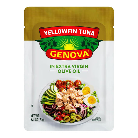 Genova Premium Yellowfin Tuna in Extra Virgin Olive Oil, Wild-Caught, 2.5 oz Packet (Pack of 12)