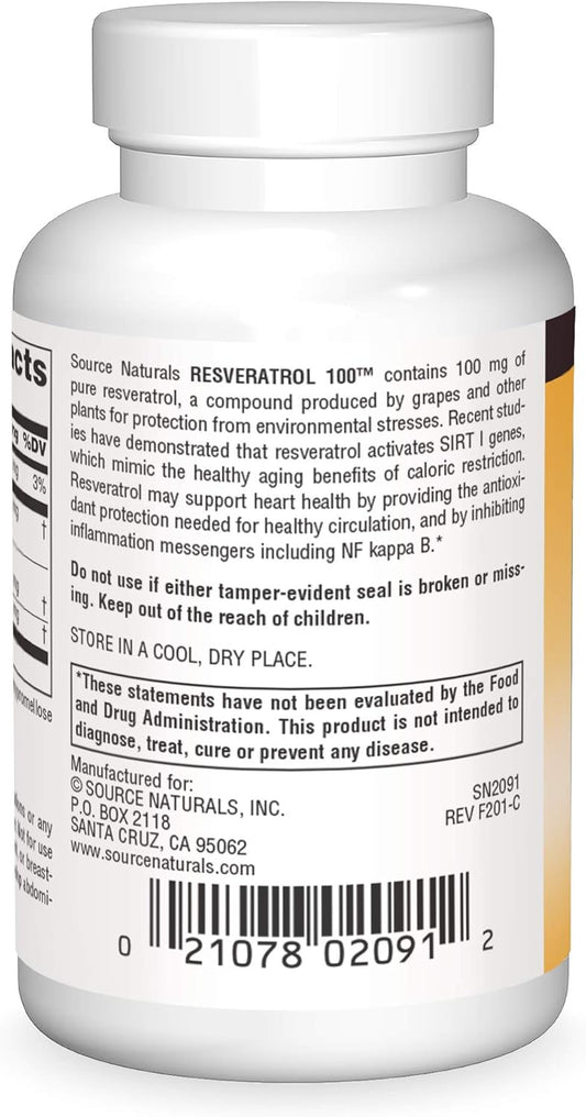 Source Naturals Resveratrol 100, for Heart and Healthy Aging* 100 mg - 60 Vegetarian Capsules