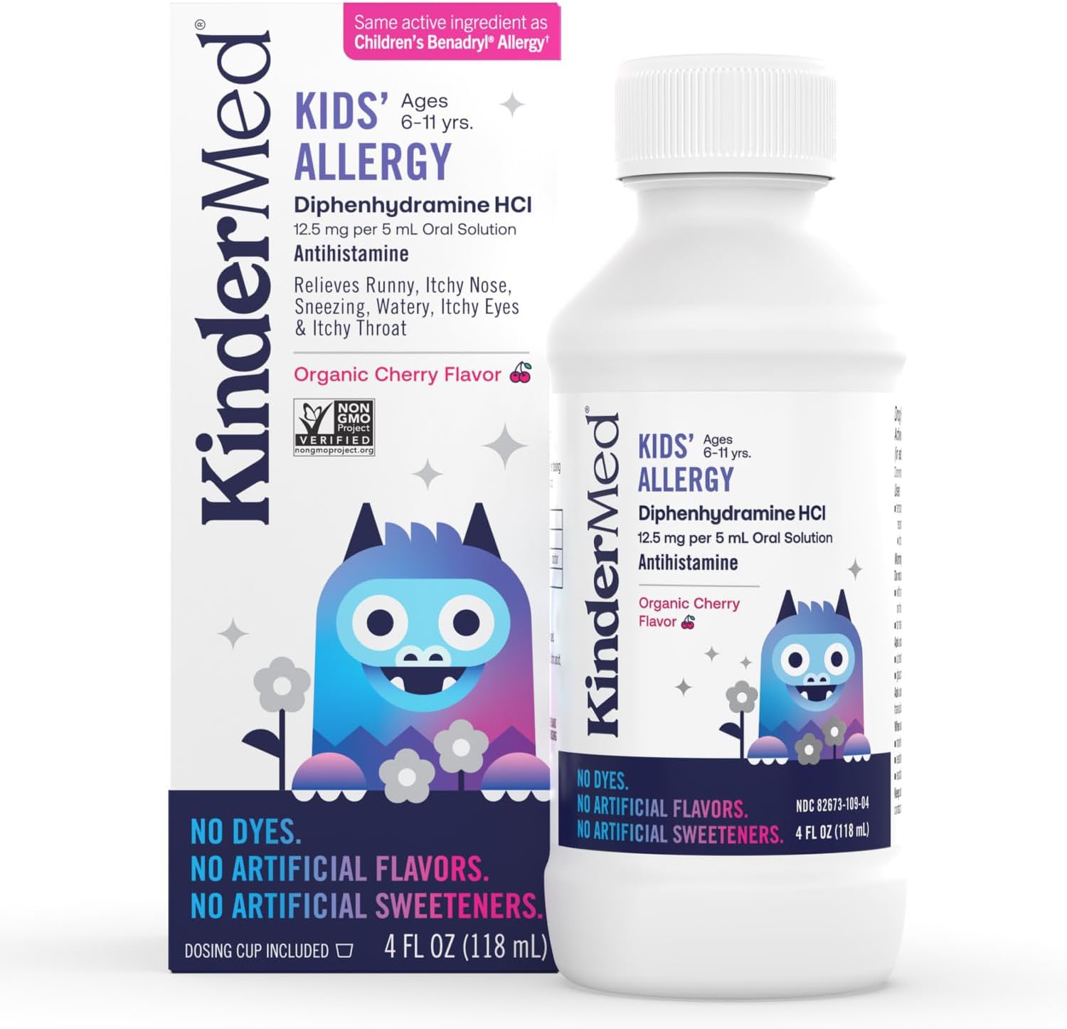 Kindermed Kids' Allergy Medicine With Diphenhydramine Hci, No Dyes, No Artificial Flavors Or Sweeteners, Vegan, Non-Gmo, Gluten Free, For Kids 6-11 Years, Organic Cherry Flavor (4 Fl Oz)
