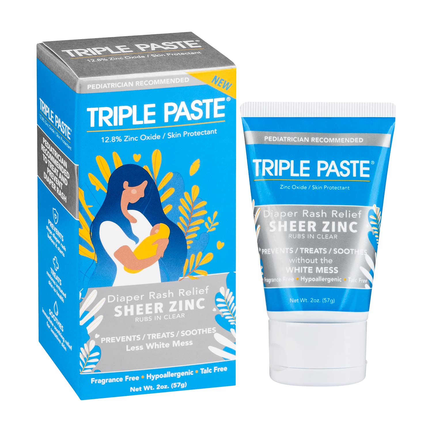 Triple Paste Sheer Zinc Baby Healing Ointment - 2 Oz Tube – Multi-Purpose Diaper Rash Cream And Skin Protectant For Hands, Face & Bottom Treats, Soothes & Prevents With Zinc Oxide (Packaging May Vary)