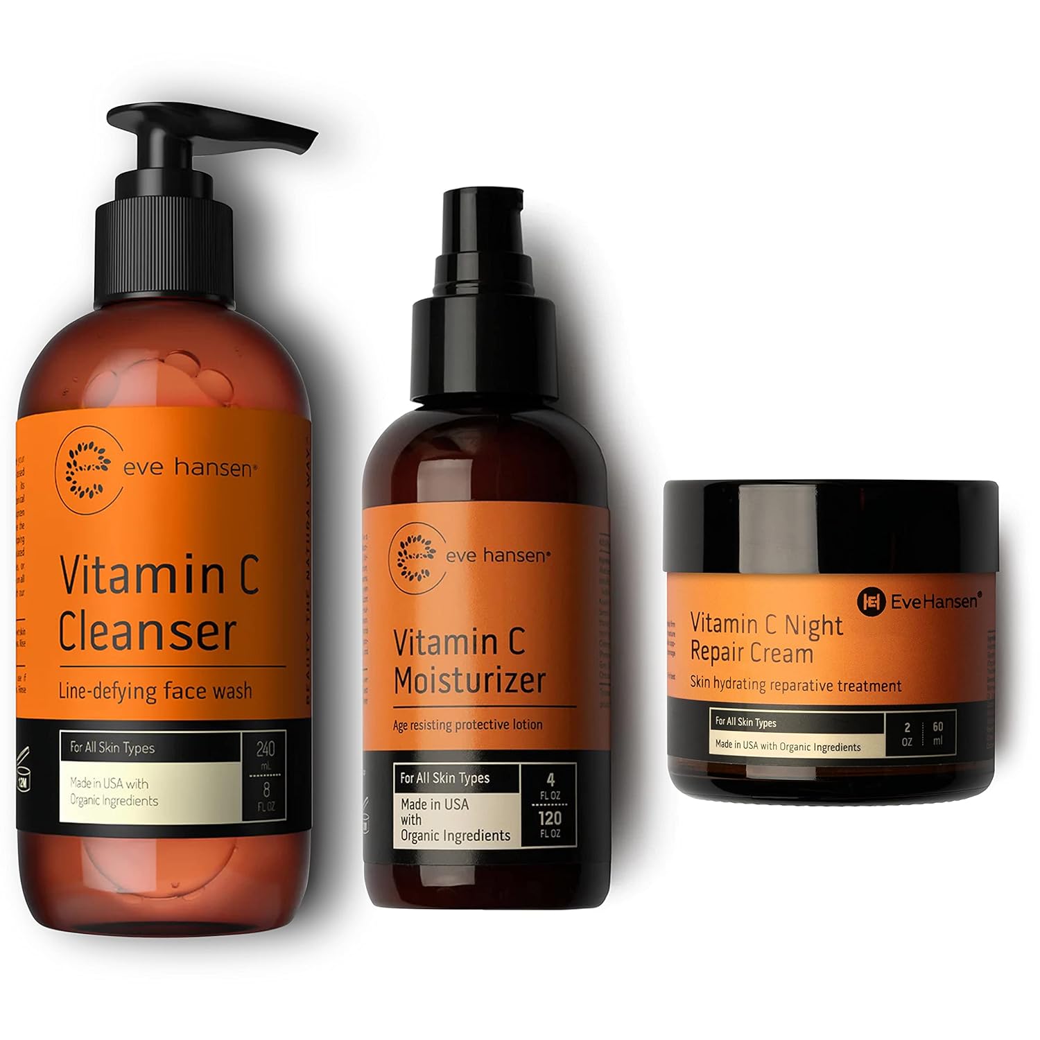 Eve Hansen Classic Vitamin C Allstars Collection | Natural Vit C Face Wash For A Deep Clean (8 Oz) | Brightening Moisturizer (4 Oz) | Anti Aging Night Repair Cream/Neck Cream (2 Oz) For All Skin Types