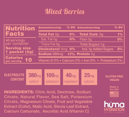 HUMA CHIA Hydration Drink Mix, Mixed Berry 15 Packets - Low Calorie, H