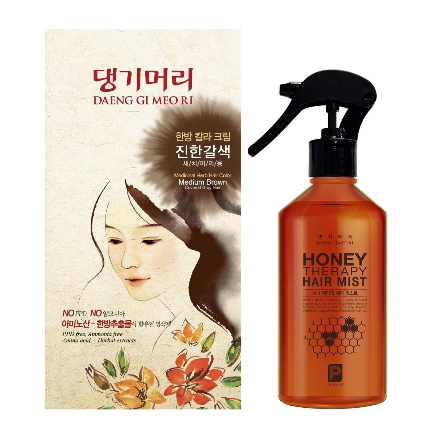 Daeng Gi Meo Ri - Korean Herbal Hair Dye Color Cream [Medium Brown] - Ppd-Free Gray Hair Protection, High-Keratin Formula, 5 Oz + Professional Honey Therapy Hair Mist With Wheat Protein, 250Ml