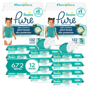 Pampers Pure Protection Disposable Baby Diapers Size 5, 2 Month Supply (2 X 132 Count) With Aqua Pure Sensitive Baby Wipes, 12X Pop-Top Packs (672 Count)