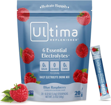 Ultima Replenisher Daily Electrolyte Drink Mix – Blue Raspberry, 20 Stickpacks – Hydration Packets With 6 Electrolytes & Trace Minerals – Keto Friendly, Vegan, Non-Gmo & Sugar-Free Electrolyte Powder