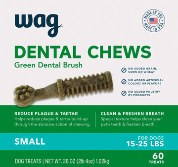 Amazon Brand - Wag Dental Dog Treats To Help Clean Teeth & Freshen Breath - Small, Unflavored, 2.25 Pounds, 60 Count (Pack Of 1)