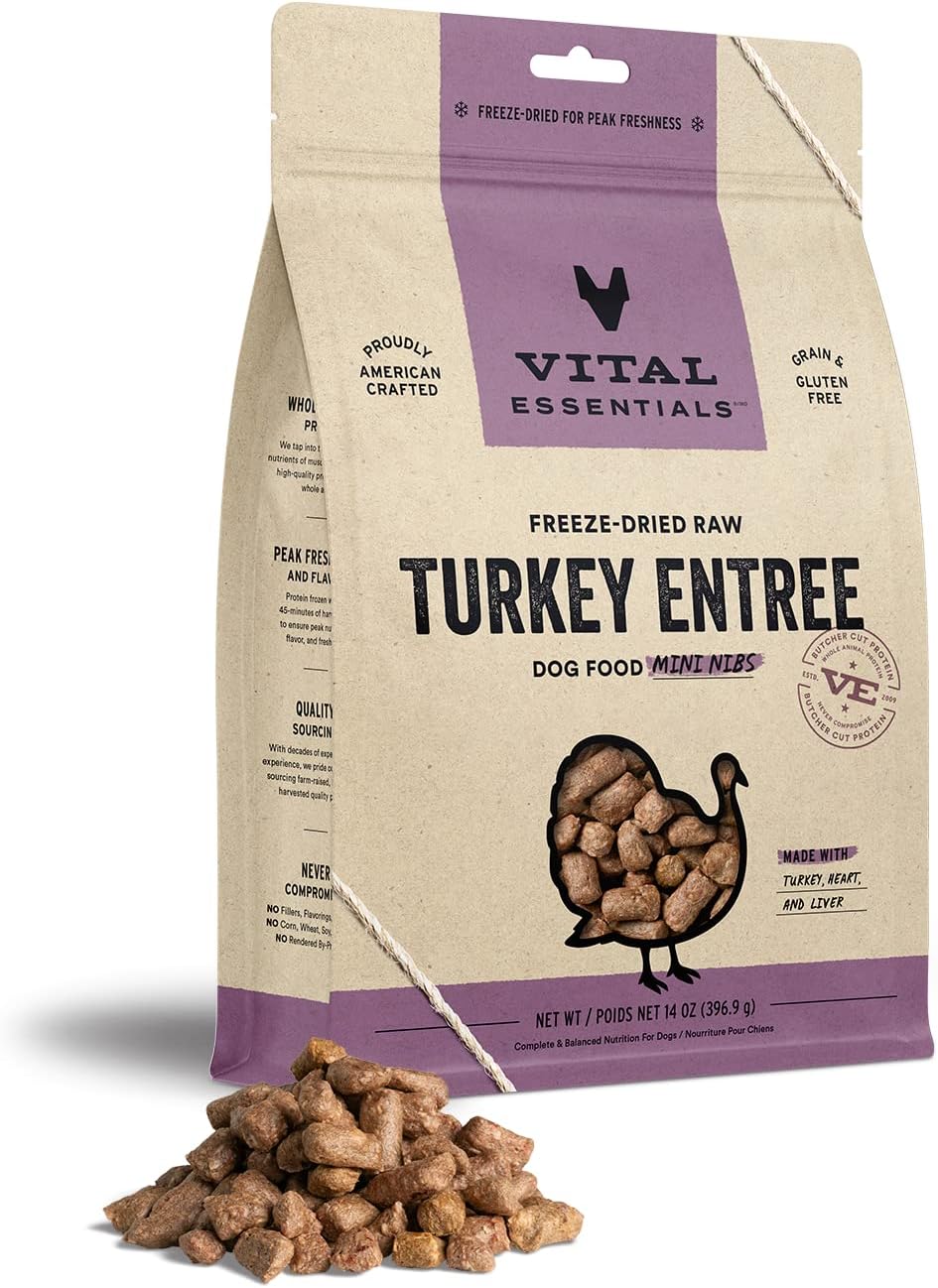 Vital Essentials Freeze Dried Raw Dog Food, Turkey Mini Nibs Entree, 14 Oz