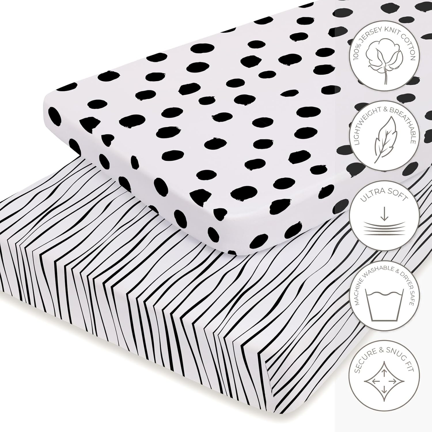 Pack N Play Playard Sheet | Portable Crib Sheet Set 2 Pack Black And White Abstract Stripes And Dots By Ely'S & Co