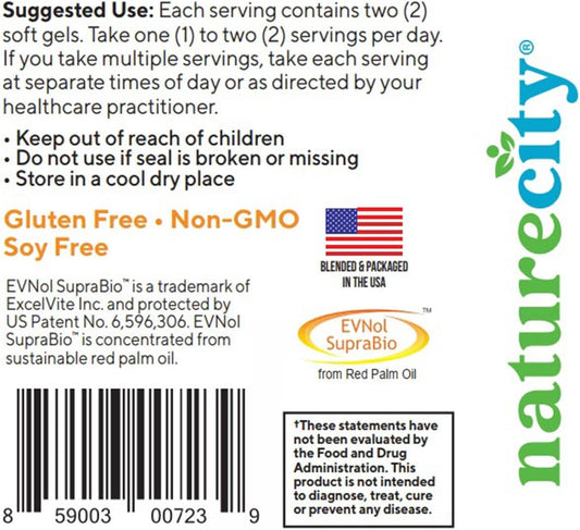 Naturecity True-E Full Spectrum Tocotrienols Vitamin E & Natural Alpha Tocopherol Supplement | Sustainable Vitamin E Tocotrienols From Evnol Suprabio | Non-Gmo Vitamin E Complex | 60 Soft Gels