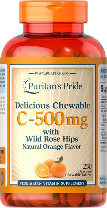 Puritan's Pride Chewable 500 mg with Rose Hips Supports Immune System Health Vitamin C 250 Count (Pack of 1)