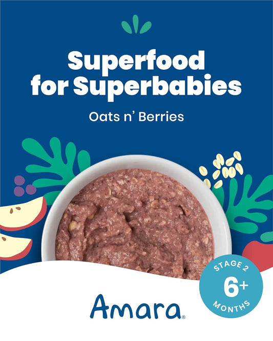 Amara Organic Baby Food - Stage 2 - Oats & Berries - Baby Cereal To Mix With Breastmilk & Water - Shelf Stable Baby Food Pouches Made From Organic Fruit And Veggies - 5 Pouches, 3.5Oz Per Serving