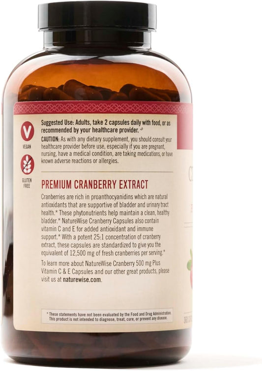 Naturewise Cranberry Extract Pills - 12,500mg* Cranberries with Vitamin C & Vitamin E - Urinary Tract Health, Bladder Health, Immune Support - Vegan, Non-GMO, Sugar-Free - 360 Capsules[6-Month Supply]