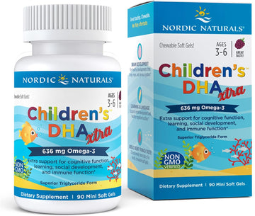 Nordic Naturals Children’s DHA Xtra, Berry Punch - 90 Mini Chewable Soft Gels for Kids - 636 mg Omega-3s EPA & DHA - Cognitive & Immune Function, Learning, Social Development - Non-GMO - 30 Servings