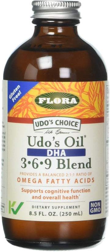 Flora - Udo'S Choice Omega 369 Oil Blend With Dha, Udo'S Oil Balanced 2:1:1 Ratio Of Omega Fatty Acids, Supports Cognitive Function & Overall Health, 8.5-Fl.Oz. Glass Bottle