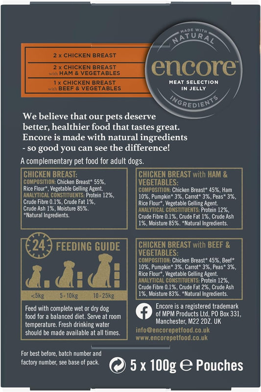 Encore Natural Wet Dog Food Pouches, Chicken with Meat Selection in Jelly Pouch, 100 g (Pack of 5x100g)?ENC9250-1EN