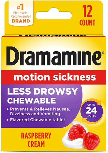 Dramamine Chewable Less Drowsy, Motion Sickness Relief, Raspberry Cream Flavor, 12 Count