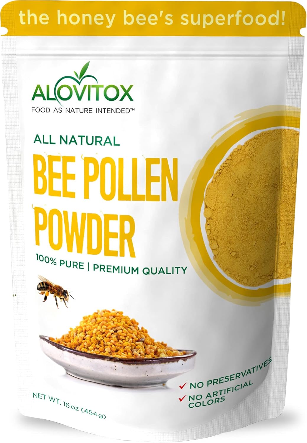Alovitox Fresh Bee Pollen Powder | 100% Pure, Fresh, Raw | Supports The Immune System | Proteins, Vitamins B6, B12, C, A | Gluten Free, Non-Gmo | 16 Oz