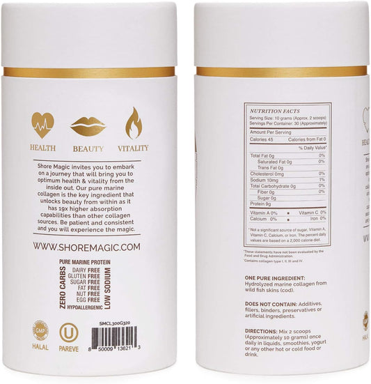 Premium Marine Collagen Powder With Type I Ii Iii And Iv Hydrolyzed Peptides For Women And Men Sourced From Wild Fish, Certified Halal And Kosher Unflavored - 30 Day Supply, 300G Canister